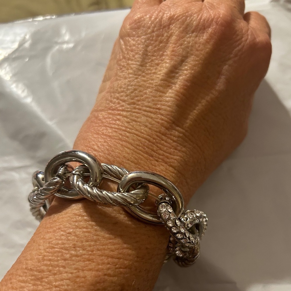 Silver Tone Chunky Link Stretch Bracelet Twisted Rope & Crystal Pavé Accent VTG